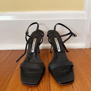 Manolo Blahnik Black Leather Ankle Strap Heeled Sandals
